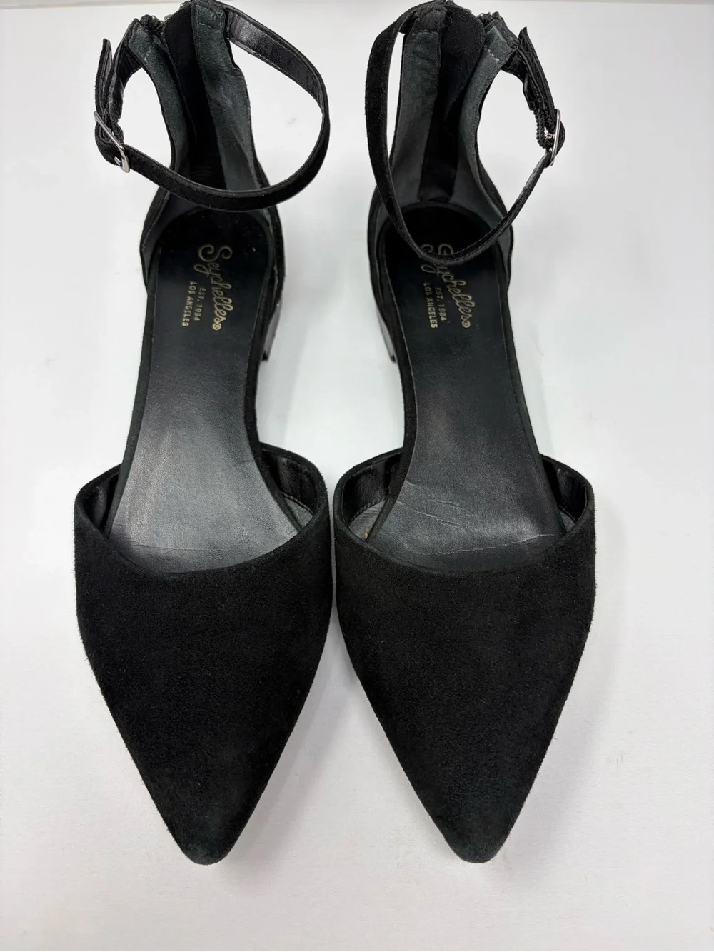 Seychelles Plateau d'Orsay Flats Black Suede Leather 9.5 Ankle Strap Pointy Toe